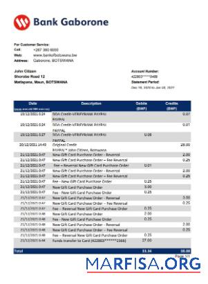 Downloadable Botswana Bank Gaborone bank statement excel sample